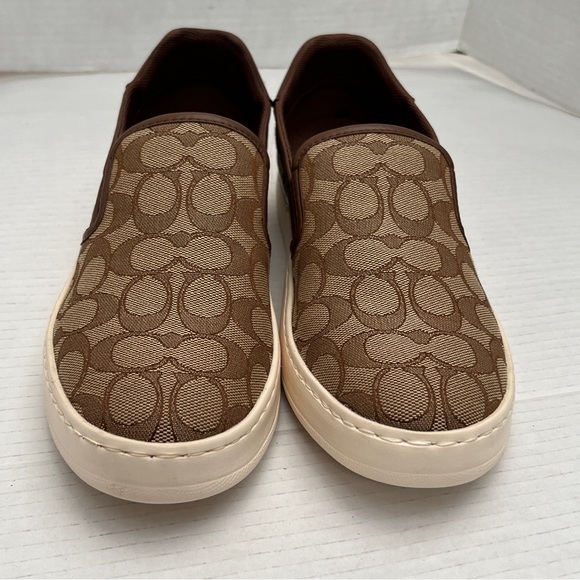 Coach Wells Slip On Sneaker 8.5 Signature Jacquard and Leather Khaki/Saddle - Picture 2 of 10